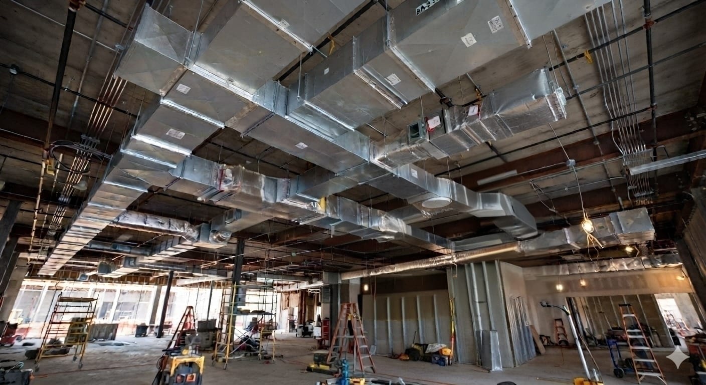 Ductwork installation in progress on a commercial project ceiling